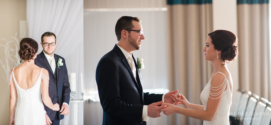 Bride and groom seeing each other for the first time at sheraton at the falls