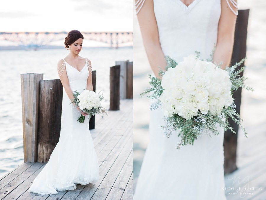 Bride by herself with flowers at sheraton at the falls