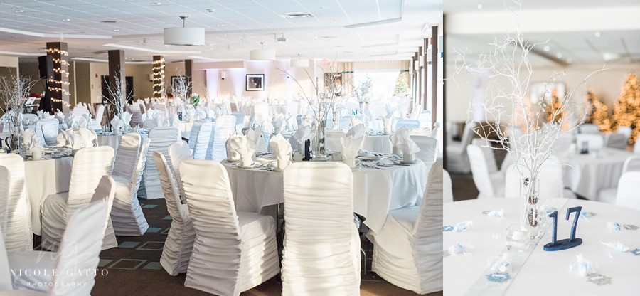 sheraton at the falls banquet room decorated for a winter wedding