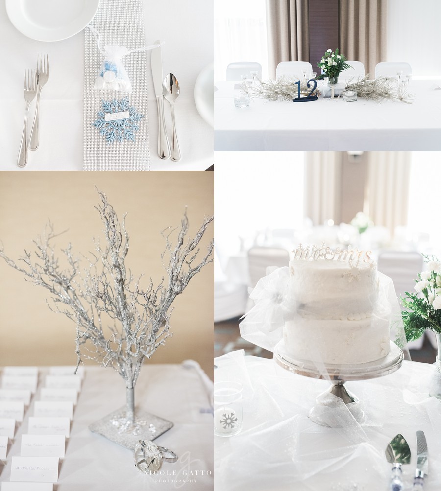 sheraton at the falls banquet room decorated for a winter wedding