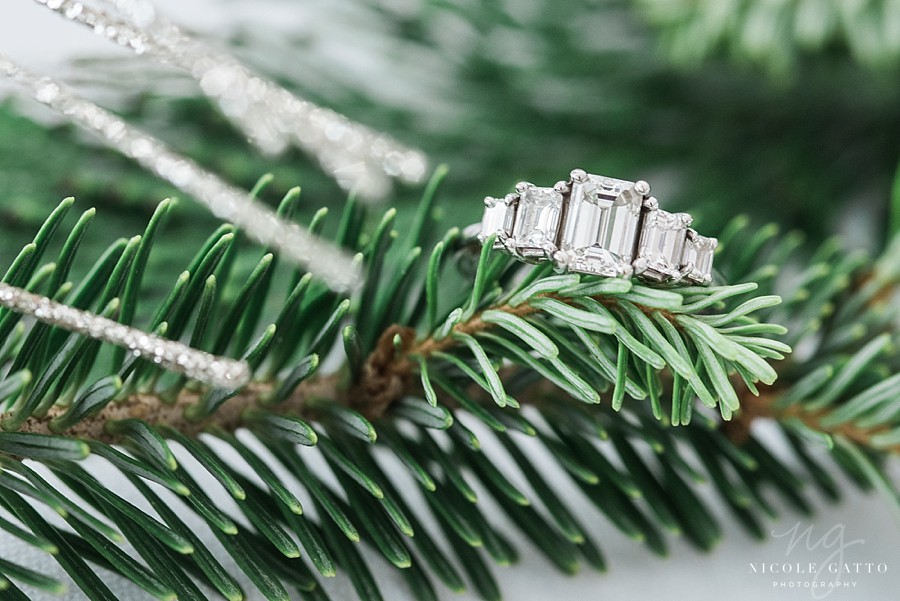 Brides engagement ring on pine tree branch