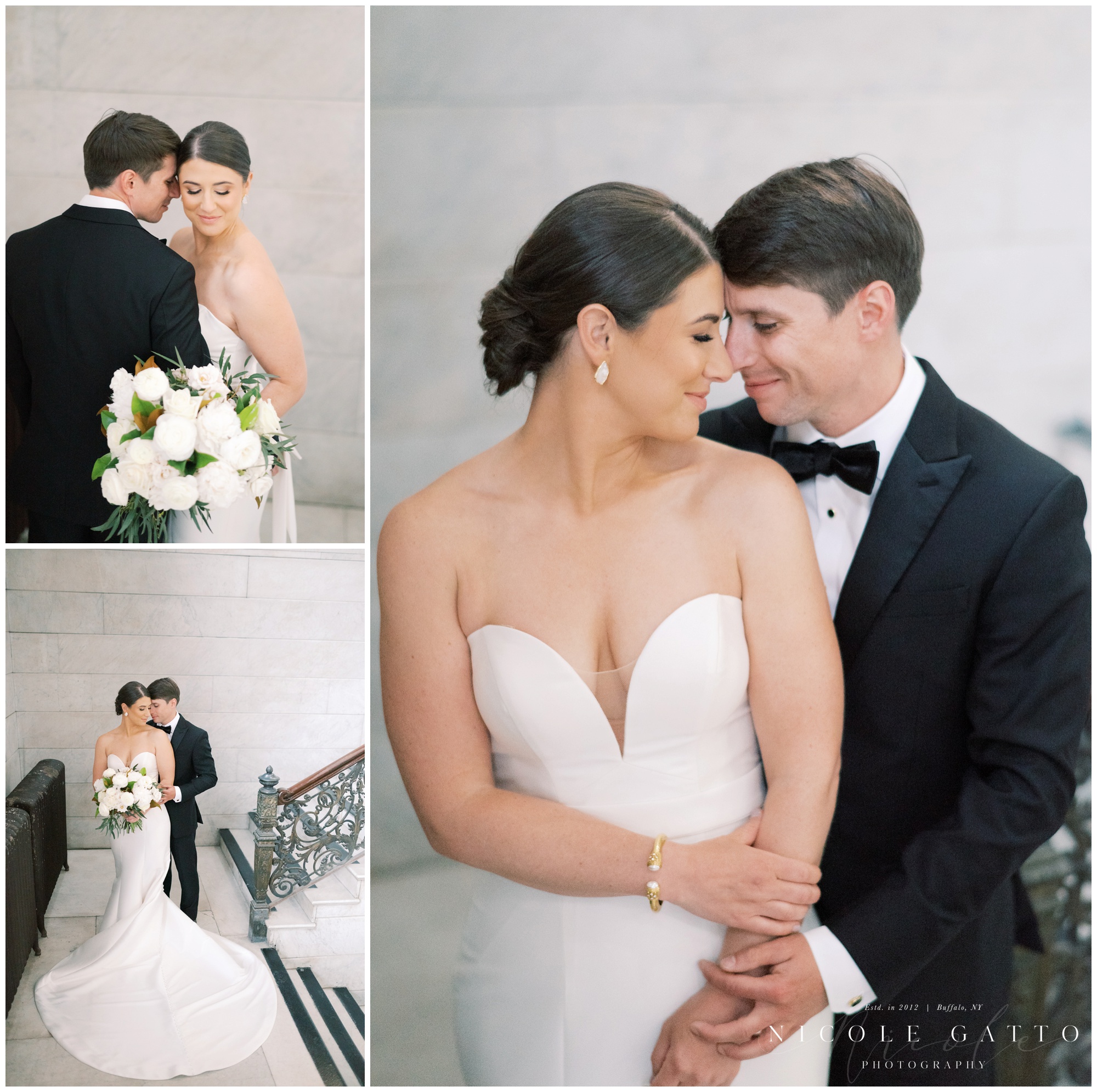 3 portraits of bride and groom at ellicott square buildling 