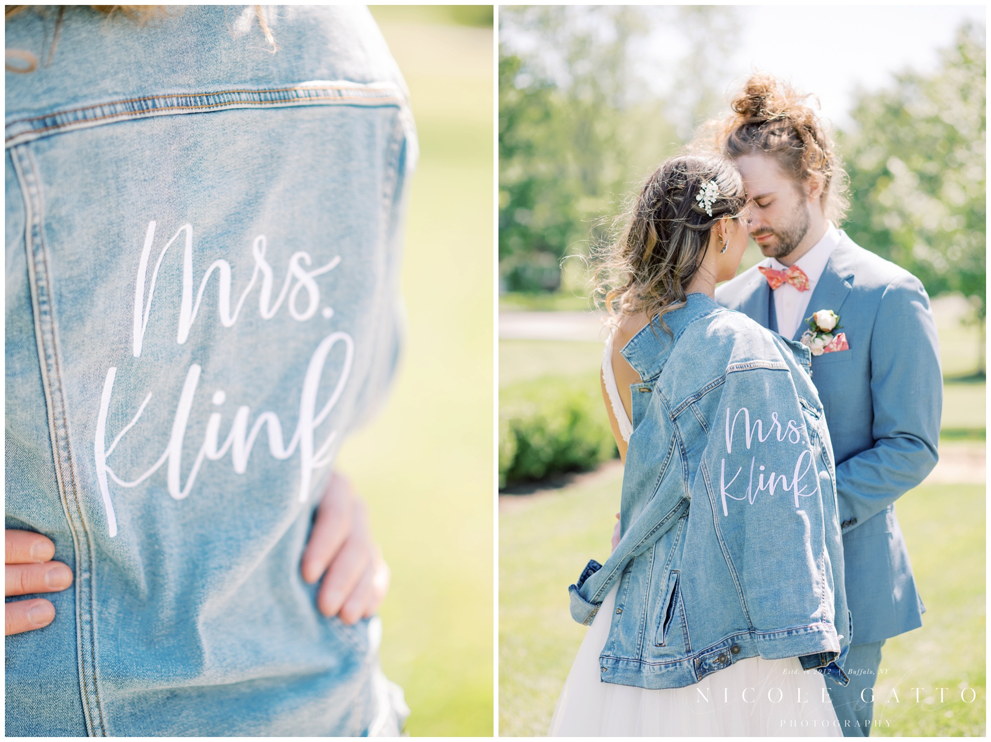 Bride wearing a jean jacket with her new last name in callighrapy on the back