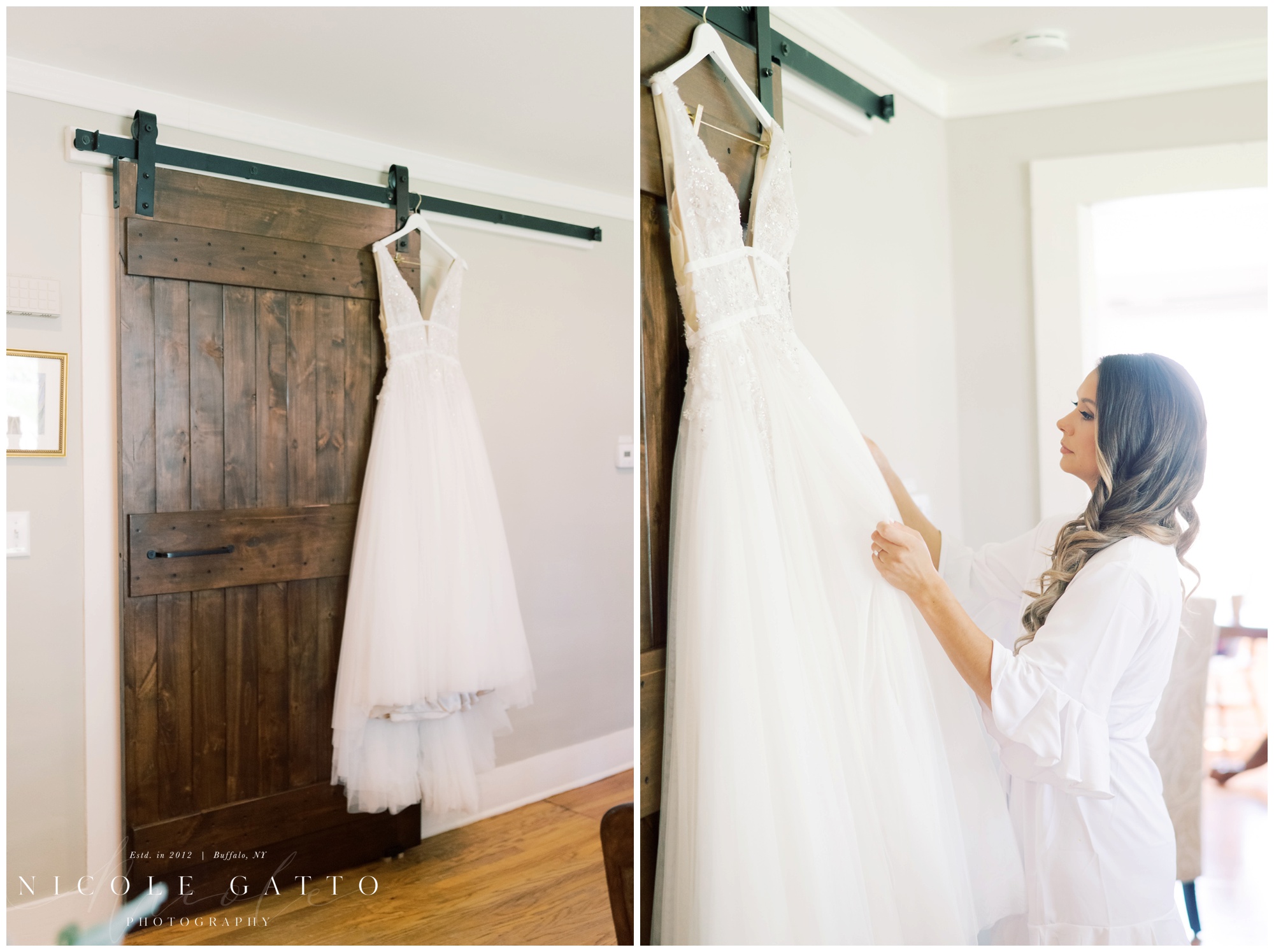 bride looking at her dress at Hayloft in the Grove