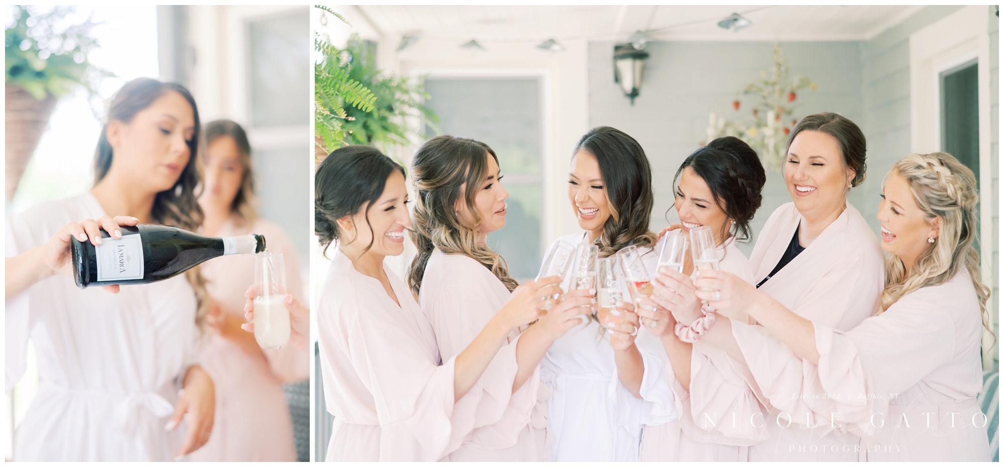 bride and bridesmaids drinking champagne