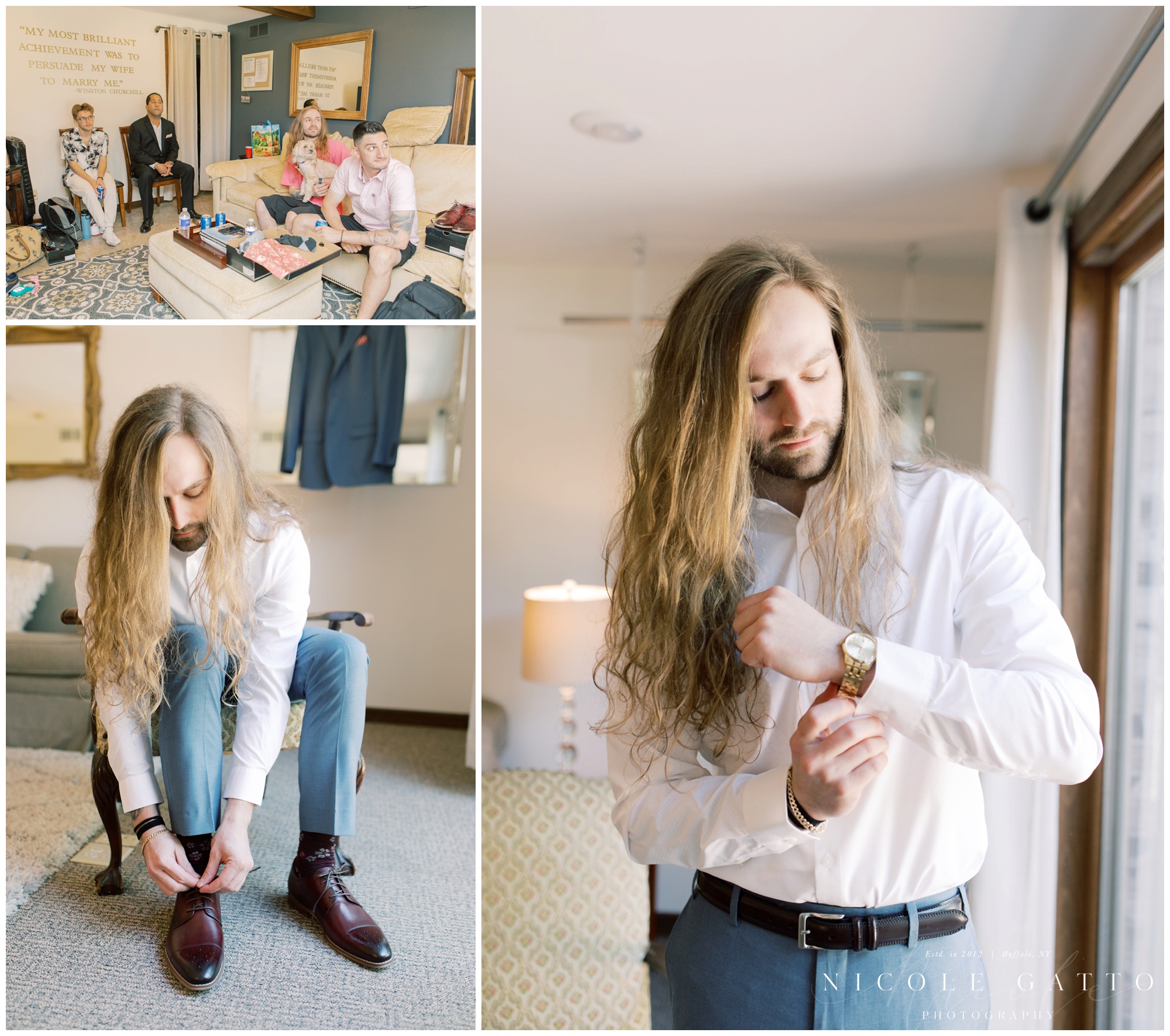 grrom getting dressed - wedding at Hayloft in the grove