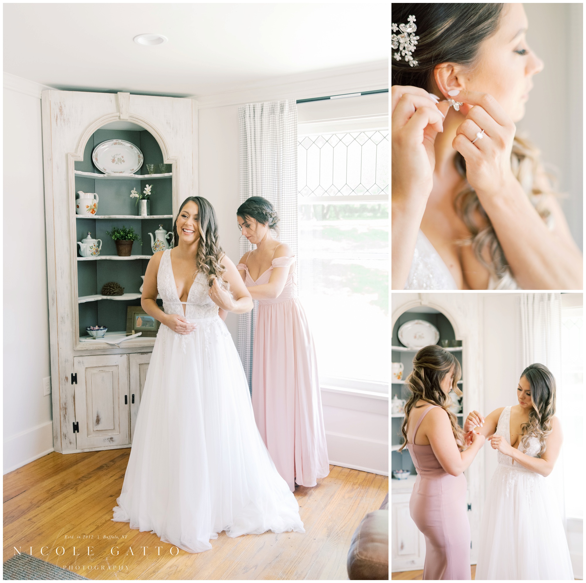 bridesmaids getting bride dressed for her wedding at hayloft in the grove