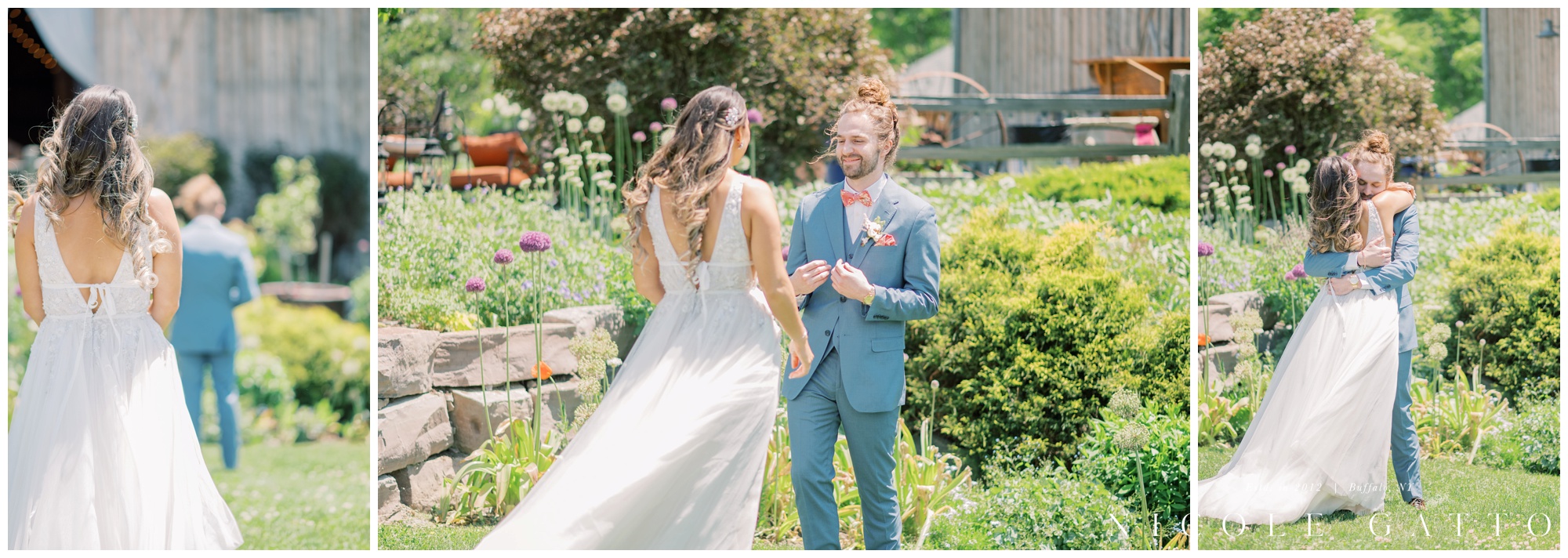 bride and grooms first look at hayloft in the grove