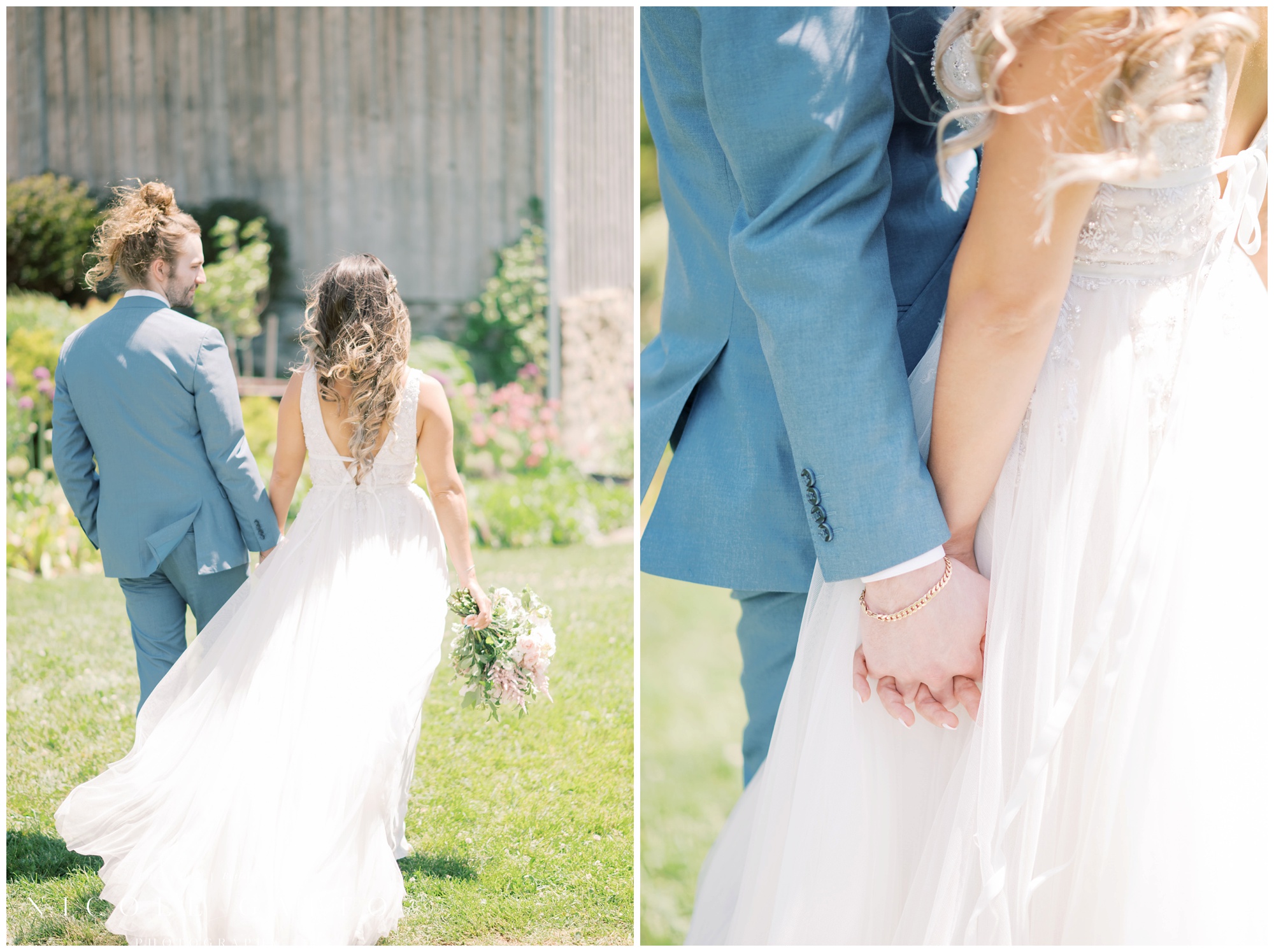 bride and groom holding hands at hayloft in the grove
