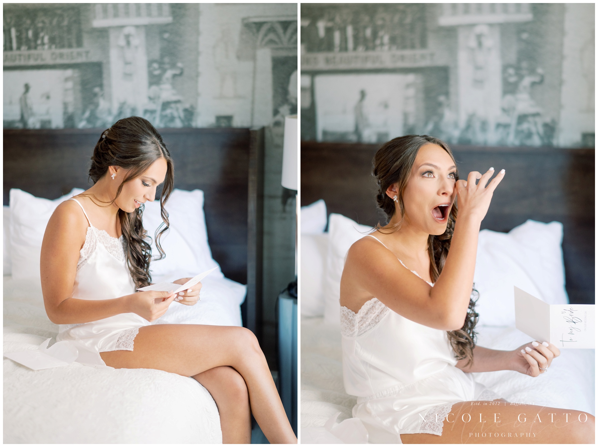 bride reading letter from groom and crying