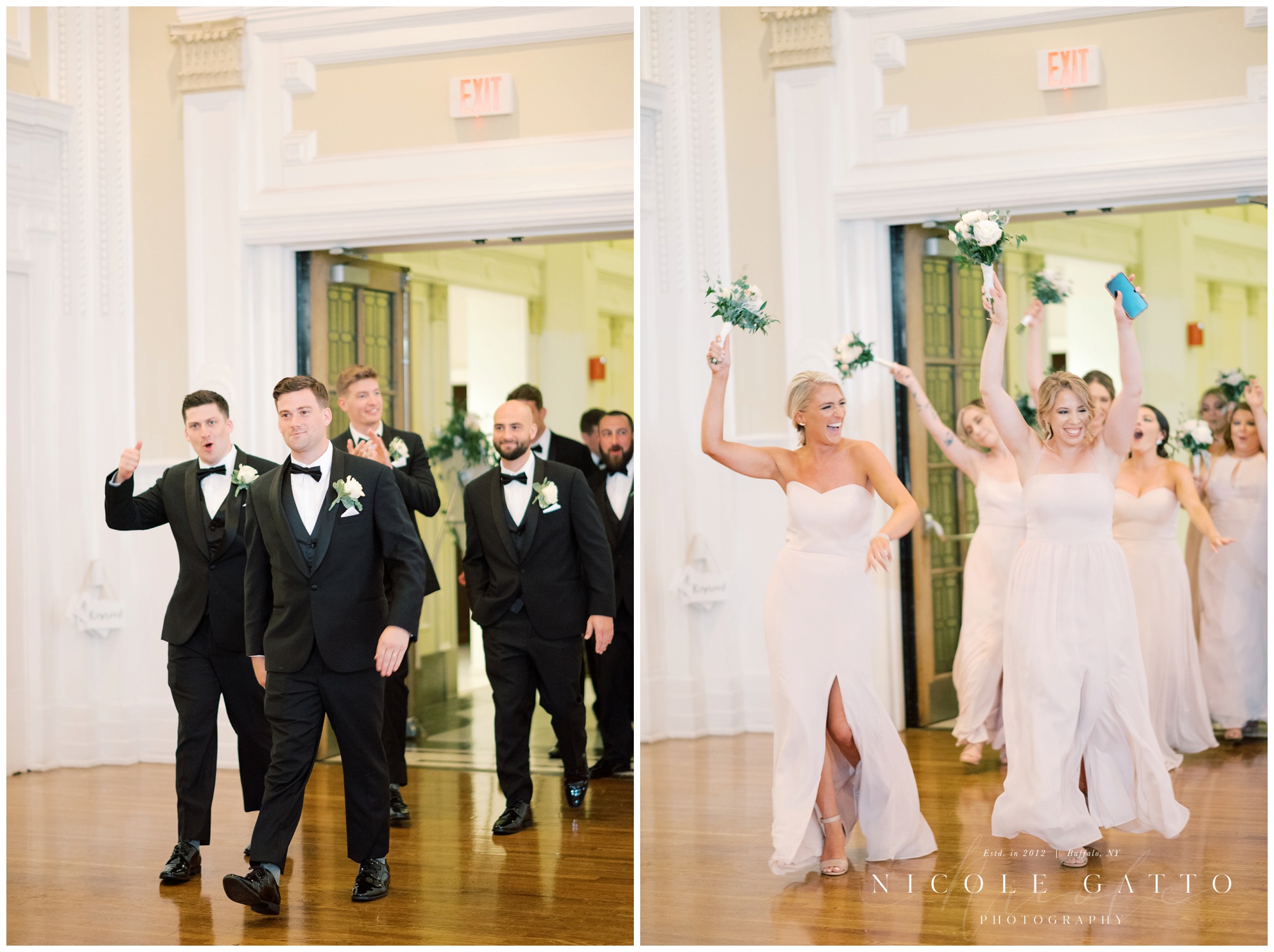 bridal party walking into the marquis ballroom for a wedding at hotel Lafayette 