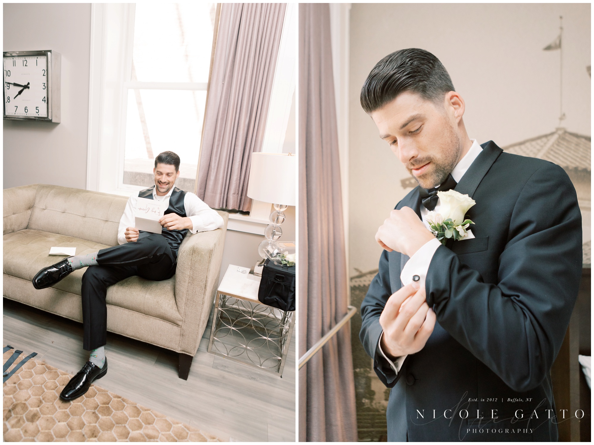 groom getting ready at hotel lafayette 